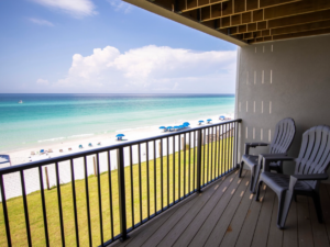 View of the beach and water from the balcony of Blue Mountain Condos 22