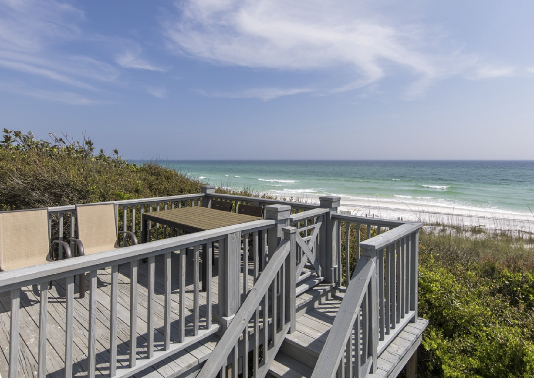 View of the beach from the deck of a 30A vacation rental -- spend Thanksgiving on 30A